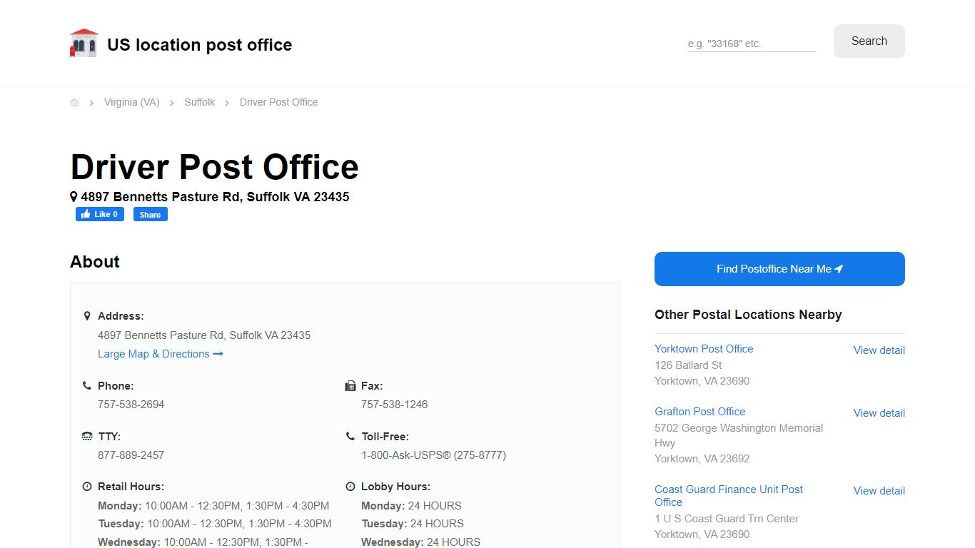 Driver Post Office, VA 23435 - Hours Phone Service and Location